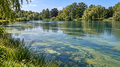 Algal bloom streaks across the surface of a tree-lined lake