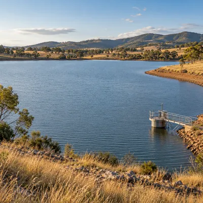 Rural reservoir with a water intake platform and surrounding farmland